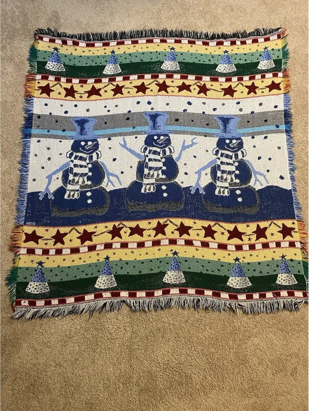 VTG Holiday Tapestry Throw Blanket - Snowmen Stars Christmas Trees - Mohawk Home